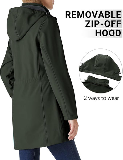 Outdoor Ventures Women's Softshell Jacket with Removable Hood Fleece Lined Windbreaker Insulated Long Warm Rain Jacket
