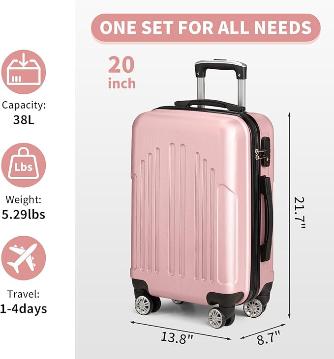 Karl home Carry On Luggage 22x14x9 Airline Approved, ABS Hardshell Suitcase with TSA Lock & Spinner Wheels, Durable Small Suitcase Rolling Luggage for Business Travel, Pink