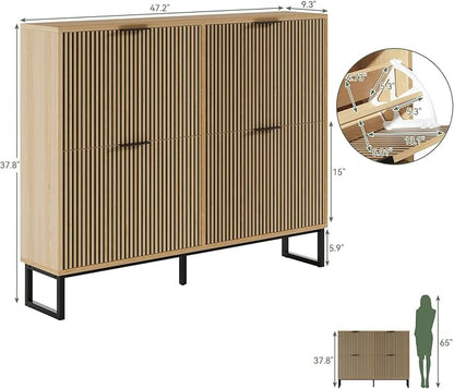 Shoe Cabinet Storage with 4 Flip Drawers, Narrow Hidden Shoe Organizer Cabinet for Entryway, Modern Freestanding Slim Shoe Rack Organizer Shoe Cupboard for Hallway, Natural Wood
