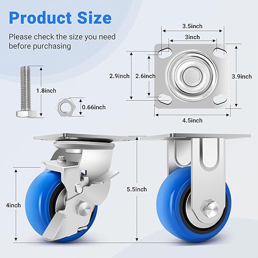 W B D WEIBIDA 4 Inch Heavy Duty Casters Set of 4, Smooth Rolling Caster Design for Cart Wheels, 2500 LBS Industrial Grade Castors with Upgraded Thickened Bracket, Durable Castors (2 Brake & 2 Rigid)