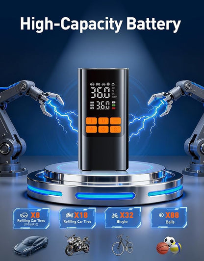 Tire Inflator Portable Air Compressor, Electric Air Pump with Digital Tire Pressure Gauge, Dual Digital LCD, Triple Cooling System, Cordless Tire Inflator for Bike, Tire and Car