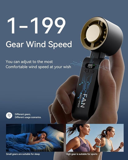 2 Pack Handheld Portable Turbo Fan with Ice Cooler, Speed (1-199) 5500mAh*2 Rechargeable Personal Fan,[20H Cooling Time] Mini Yet Powerful, Small Pocket Fans for Travel/Outdoor/Office, Black Gold
