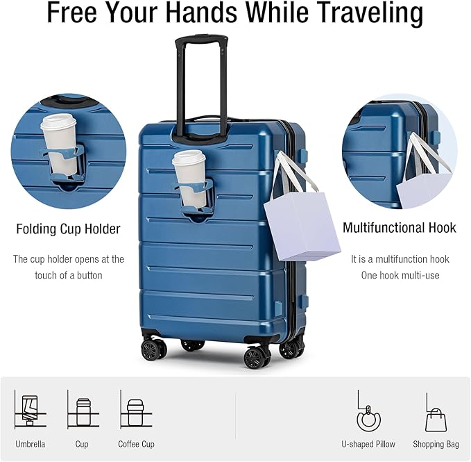 KYME 26 Inch Luggage TSA Approved Hardshell Suitcases with Spinner Wheels Durable Medium Travel Checked Luggage with Cup Holder for Women Men Blue