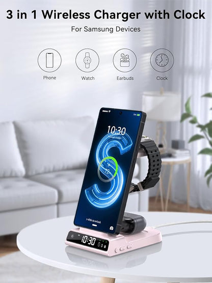 Wireless Charger for Samsung Charging Station with Clock for Samsung Galaxy S25 Ultra/S24 Ultra/Z Flip 6/5/Fold 5/Bud 2, 3 in 1 Charging Station Watch Charger for Samsung Galaxy Watch 7/6/5Pro(Pink)
