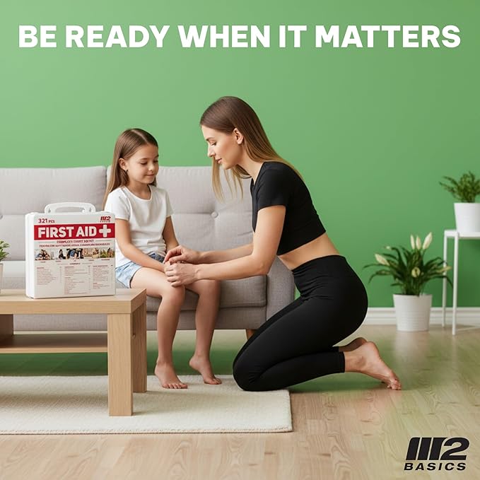 M2 BASICS Premium 321-Piece Emergency First Aid Kit for Home, Car, Business, Office & Travel – Portable Durable Hard Case, Medical Supplies for School, Camping & Outdoors