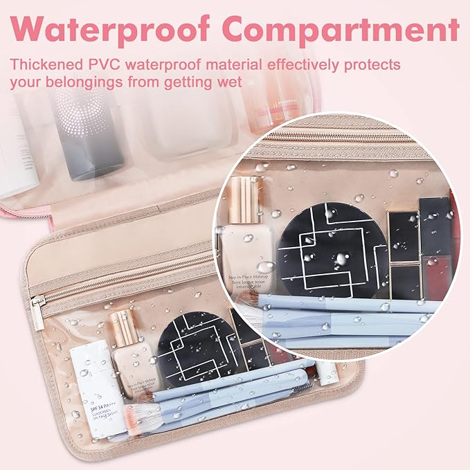 Wedama Toiletry Bag for Women, Large Cosmetic Travel Bag, Hanging Toiletry Bag for Bathroom, Thickened PVC Waterproof Travel Makeup Bag, Toiletries Bag for Travel Business Trips and Camping, Pink