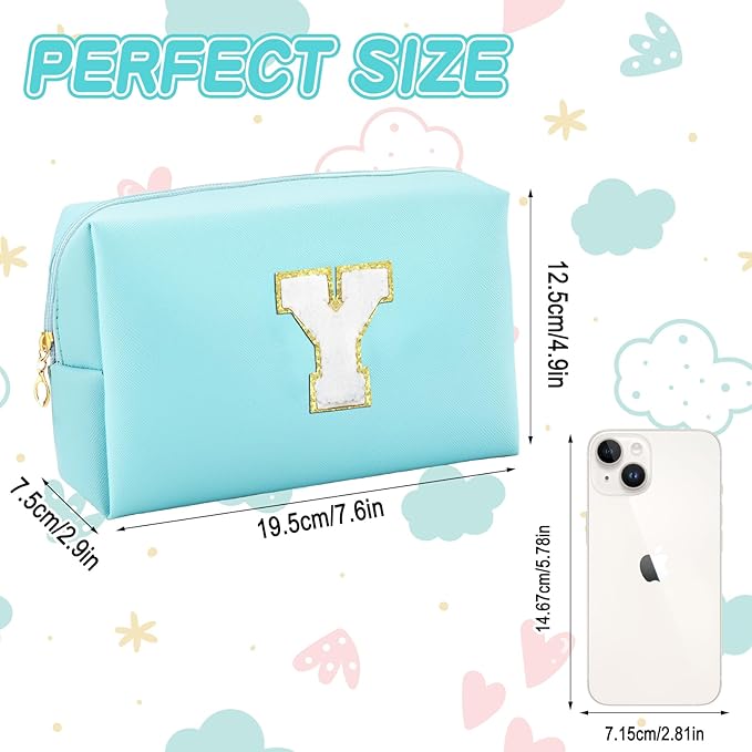 Gifts for Girls Initial Makeup Bag Personalized Cosmetic Bag with Zipper Cute Travel Toiletry Bag Waterproof PU Preppy Makeup Pouch Birthday Gift for Teen Girls Women(Blue Y)