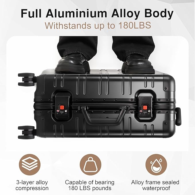 All Aluminum Carry On Luggage 22x14x9 Airline Approved，Zipperless Luggage Premium Aluminum Suitcase Luggage, Hard Shell Carry On Luggage with Spinner Wheels (black, 20inch)