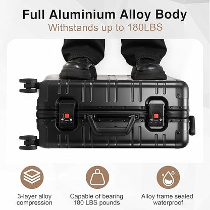All Aluminum Carry On Luggage 22x14x9 Airline Approved，Zipperless Luggage Premium Aluminum Suitcase Luggage, Hard Shell Carry On Luggage with Spinner Wheels (black, 20inch)