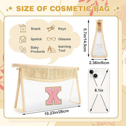 Small Boho Straw Initial Letter Makeup Bag Personalized Gift ,Cute Clear Chenille Patch Makeup Bag With Zipper,Trendy TSA Approved Travel Toiletry Bag,Gift for Women Girls Birthday Friend, Letter X