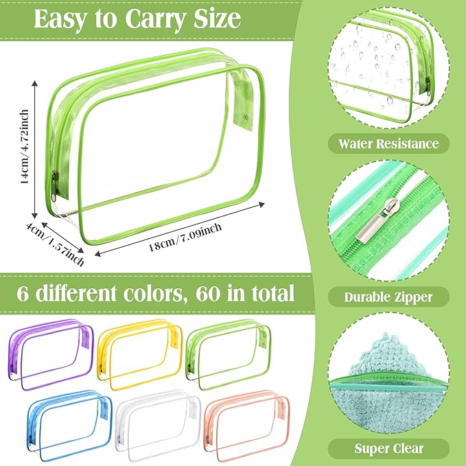 Cunno 60 Pcs Clear Toiletry Bag TSA Approved Cosmetic Bag Bulk Makeup Bag Travel Carry Airport Airline Compliant Bag for Women Men Summer Vacation Salon Mother Gift(Multicolor)