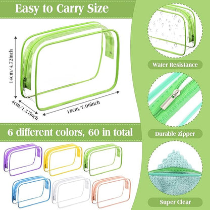 Cunno 60 Pcs Clear Toiletry Bag TSA Approved Cosmetic Bag Bulk Makeup Bag Travel Carry Airport Airline Compliant Bag for Women Men Summer Vacation Salon Mother Gift(Multicolor)