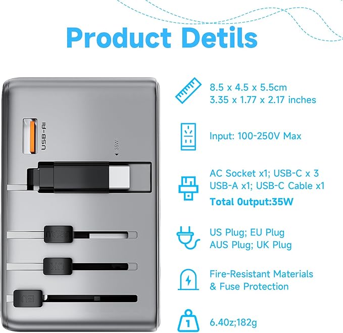 Minthouz Universal Travel Adapter, International 35W Power Adapter GaN Fast Charger with 3 USB-C PD & Cable & 1 USB-A Ports, All-in-One Portable AC Power Plug Adapter for USA EU UK AUS and More