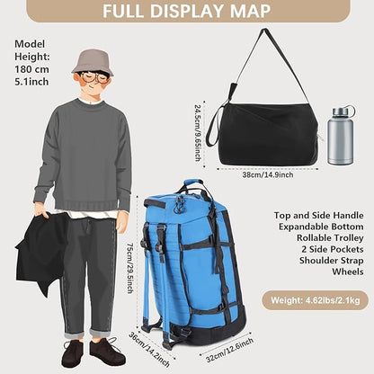 CONTAIL 86L Wheeled Duffel Bag, Soft Shell with Adjustable Web Handles, Carry On Size 29.5x14.2x12.6in, Foldable with Dual Wheels & Shoe Compartment,Blue