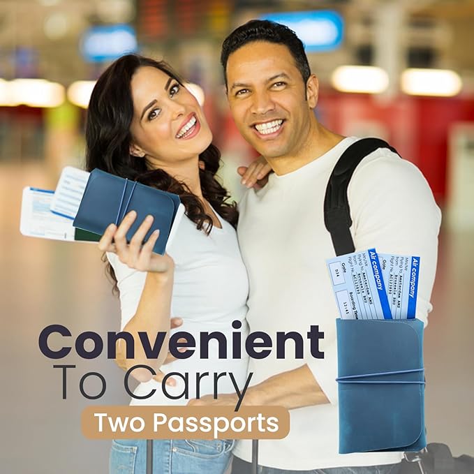 Leather Passport Holder with Travel Wallet, Genuine Leather Passport Cover- Passport Wallet, Leather Folding Wallet for Passports (Strap, Blue)