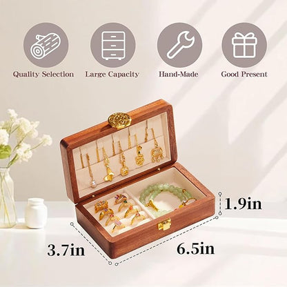 Travel Jewelry Case Small Wood Jewelry Organizer Jewelry Box for Women (Nut-Brown Print B)