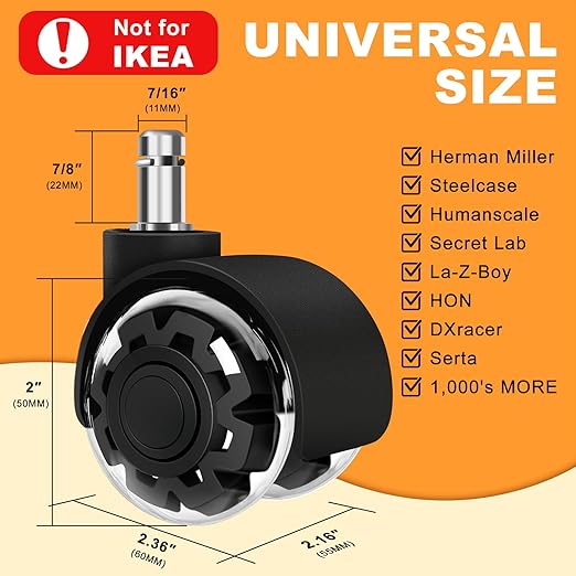 Office Chair Wheels, 2 Inch Smooth & Quiet Rolling Casters Replacement, Computer Gaming Chair Casters for All Hardwood Floors & Carpet, Smooth Safe Rubber Wheels-Set of 5, Black