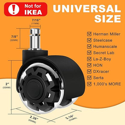 Office Chair Wheels, 2 Inch Smooth & Quiet Rolling Casters Replacement, Computer Gaming Chair Casters for All Hardwood Floors & Carpet, Smooth Safe Rubber Wheels-Set of 5, Black