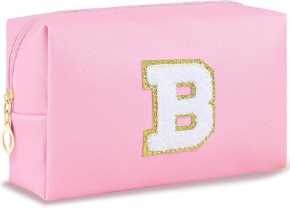 Initial Makeup Bag Personalized Preppy Travel Small Cosmetic Bag Cute PU Pink Chenille Letter Makeup Pouch for Purse Waterproof Zippered Toiletry Organizer for Women Girls Kids Friends（B）