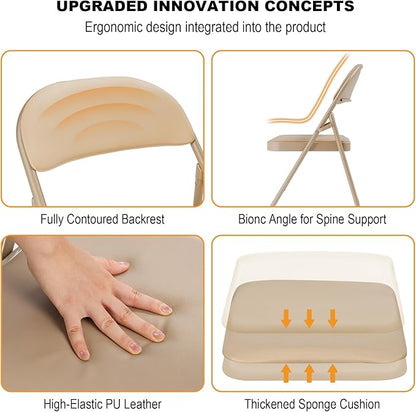 8 Pack Khaki Folding Chairs with Padded Cushion for Outside, Portable Stackable Commercial Metal Foldable Chairs with Steel Frame for Home Events Office Wedding Party, 350lbs Capacity