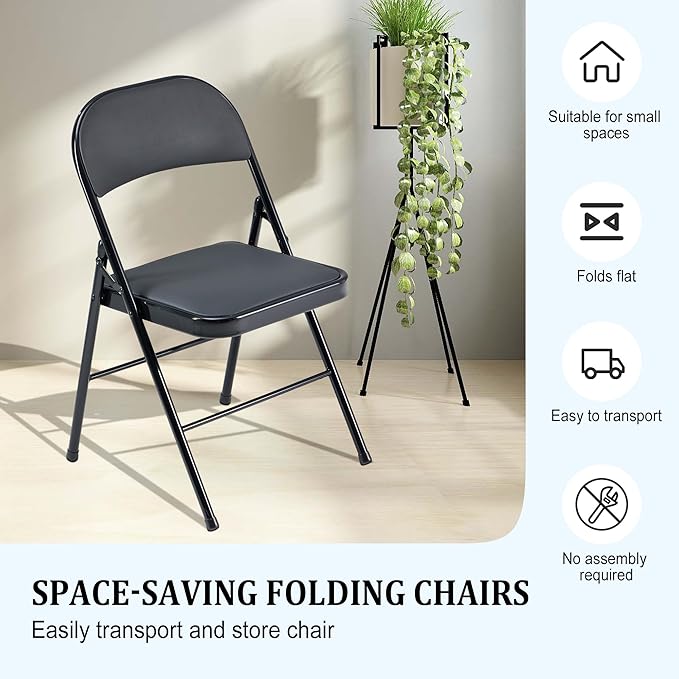 4 Pack Black Folding Chairs with Padded Cushion and Back, Portable Heavy Duty Metal Frame Commercial Seat with 330-LBS Capacity, Foldable Indoor Outdoor Chairs for Office Party Events Kitchen Dinning