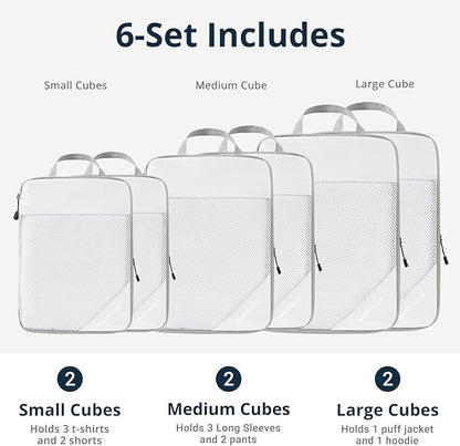 Compression Packing Cubes 6 Set, Compressible Space-Saving Packing Cubes for Travel - Compression Bags, Luggage Organizer, Travel Essentials for Women, White