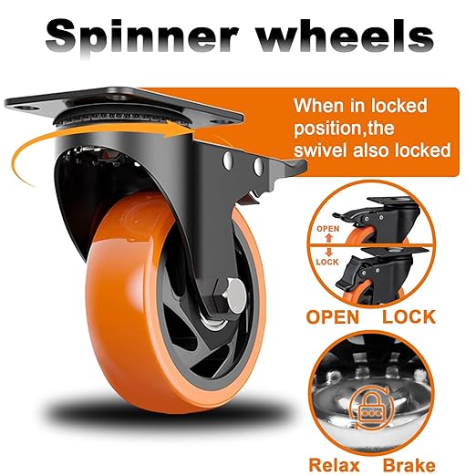 MSH&HCE 4 Inch Caster Wheels, Heavy Duty Break Casters Set of 4 Locking Casters Swivel Polyurethane(PU) Industrial Wheels, Quiet Caster Wheel for Cart Furniture and Workbench (Two Hardware Included)