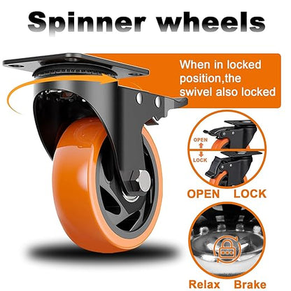 MSH&HCE 4 Inch Caster Wheels, Heavy Duty Break Casters Set of 4 Locking Casters Swivel Polyurethane(PU) Industrial Wheels, Quiet Caster Wheel for Cart Furniture and Workbench (Two Hardware Included)