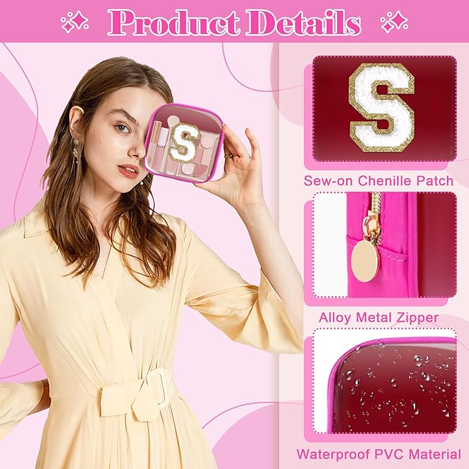 Personalized Initial Letter Clear Preppy Makeup Bag,Mini Nylon Chenille Letter Cosmetic Bag Cute Zipper Pouch Coin Purse for Teen Girls,Portable TSA Approved Travel Essentials Bag Gift for Women,S