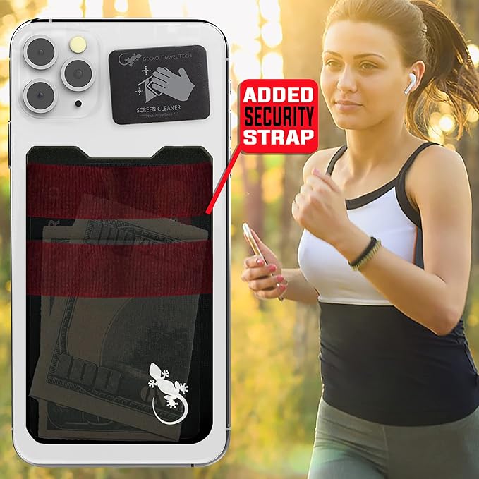 Double Pocket Gecko Phone Wallet - Smartphone Adhesive Card Holder - Cell Phone Pouch - Mobile Stick on Spandex Pocket by Gecko - Carry Credit Cards and Cash – (BLACK-WHITE)