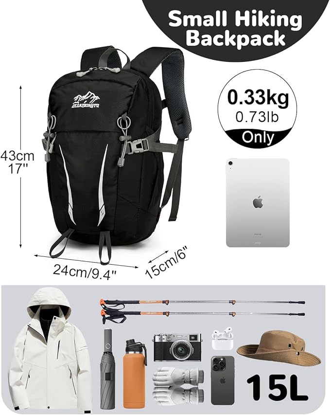 15L Small Padded Hiking Backpack with Chest Strap for Men, Lightweight Waterproof Daypack for Travel, Black