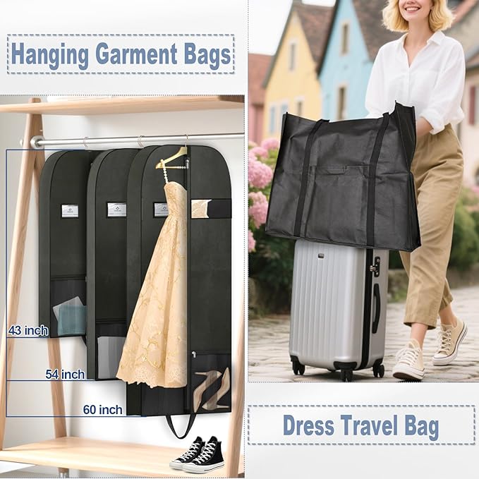 Large Heavy Duty Clothing Storage and Travel Garment Bag, Hanging Clothes Protector with Breathable Zippered Closet Organizer, Perfect for Suits Dresses Moving and Black Fabric Design