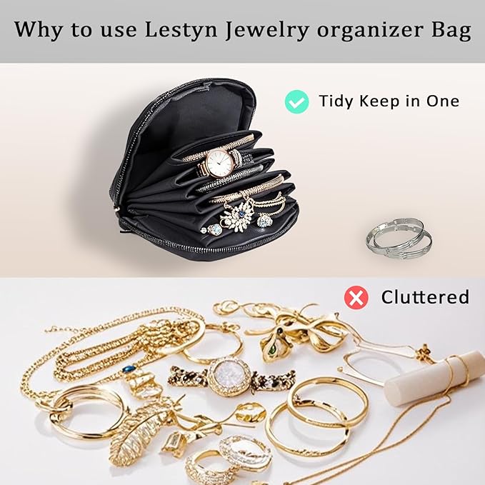 Jewelry Travel Organizer Bag -Waterproof Portable Small Jewelry Storage Ring Binder Rolls Zipper Pouch Bag for Accessory Necklaces/ Earrings/Rings/ Bracelets During Journey/Holiday or At Home-Black