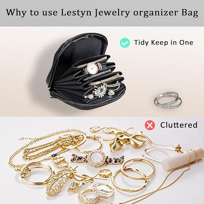 Jewelry Travel Organizer Bag -Waterproof Portable Small Jewelry Storage Ring Binder Rolls Zipper Pouch Bag for Accessory Necklaces/ Earrings/Rings/ Bracelets During Journey/Holiday or At Home-Black