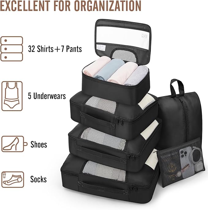 Veken 10 Set/8 Set Packing Cubes for Travel Essentials, Suitcase Organizer Bags in 4 Sizes, Carry-On Luggage Accessories with Laundry & Toiletry Bag, Airplane Must-Have, Road Trip & Camp Gifts for Men