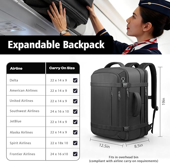 Travel Backpack, 40-50L Expandable Carry On Backpack with Cable Access Port Fits 17.3 Inch Laptop Bag,Water Resistant Weekender Bag Men Women for Business Trips, College,Hiking,Daily Commuting,Black