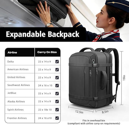 Travel Backpack, 40-50L Expandable Carry On Backpack with Cable Access Port Fits 17.3 Inch Laptop Bag,Water Resistant Weekender Bag Men Women for Business Trips, College,Hiking,Daily Commuting,Black