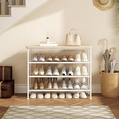 SUOERNUO Shoe Rack Organizer 4 Tier for Closet Entryway Free Standing Metal Storage Shoe Shelf with MDF Top Board，White+Oak