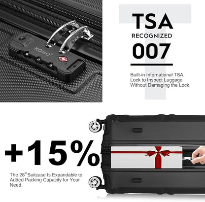 Kono 28 Inch Luggage Expandable Suitcase with Spinner Wheels TSA Lock Lightweight PC+ABS Hardside Large Checked Luggage Durable Rolling Suitcase Black