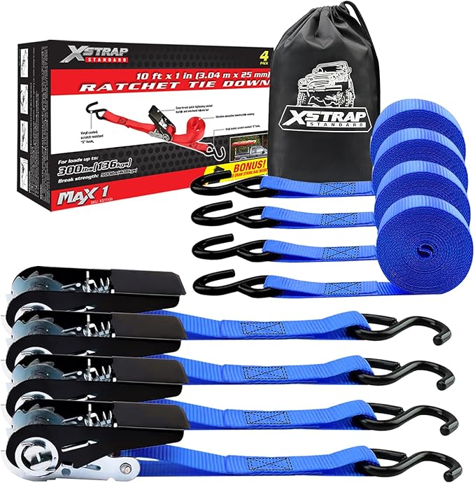 XSTRAP STANDARD Ratchet Tie Down Straps 4 Pk 10 Ft- 300 Lbs Load Cap- 900 Lbs Break Strength-Cargo Straps for UTV, ATV, Pickup,Truck, Moving Appliances, Lawn Equipment, Blue
