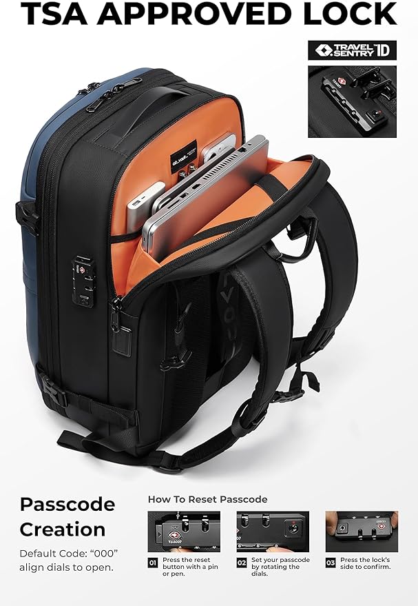 AirVault Vacuum Seal Travel Backpack 60L with Expandable Vortex Air Compression Vacuum System Water Resistant TSA Lock (Vacuum Pump Included, Blue, 60L)