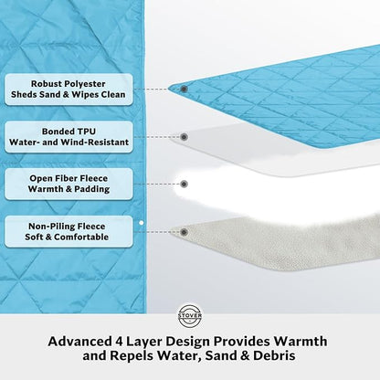STOVER Outdoor Waterproof Fleece Travel Blanket for Camping, Picnics, Stadiums, Sports, The Beach– Warm, Windproof, Compact, Lightweight & Sand-Resistant (Sky Blue)