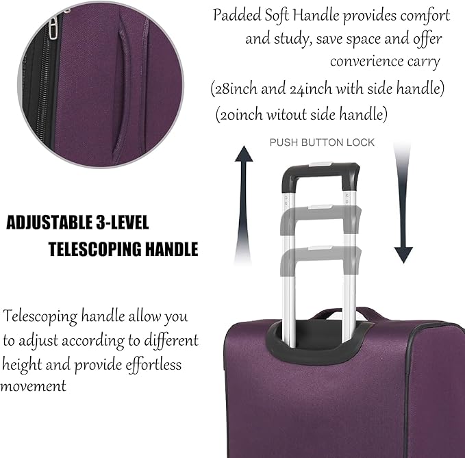3pcs Set Softside Luggage Sets With Spinner Wheels, Expandable Softshell Suitcase Set with front pocket, 28inch, 24inch, 20inch Lightweight fabric luggage (PURPLE)