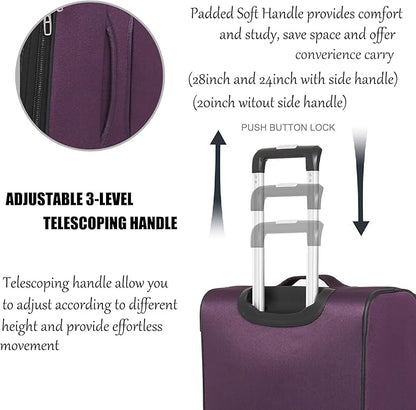 3pcs Set Softside Luggage Sets With Spinner Wheels, Expandable Softshell Suitcase Set with front pocket, 28inch, 24inch, 20inch Lightweight fabric luggage (PURPLE)