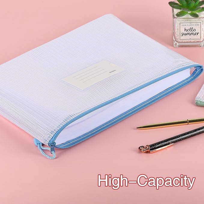 28Pcs Mesh Zipper Pouch Bags，A4 Mesh Storage Bags with Label Pocket，Waterproof Pouches for Organization School, Office & Travel，7 Colors