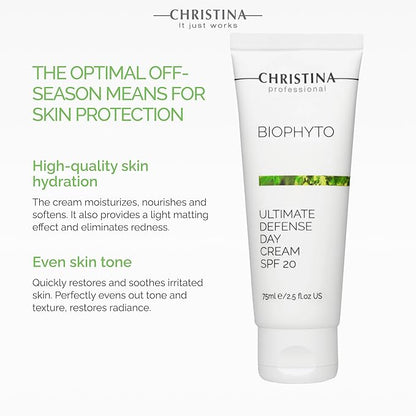 Christina Bio Phyto Ultimate Defense Day Cream Moisturizer with SPF 20-75 ml - Broad Spectrum UVA/UVB Protection Facial Moisturizer with Hyaluronic Acid & Vitamin B12- For Normal & Combination Skin
