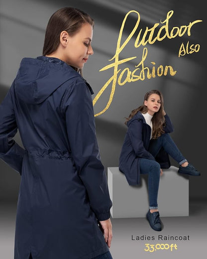 33,000ft Women's Waterproof Long Rain Coats Packable Rain Jacket with Hood Trench Coats Windbreaker