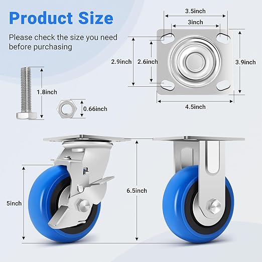W B D WEIBIDA 5 Inch Heavy Duty Casters Set of 4, Smooth Rolling Caster Design for Cart Wheels, 3500 LBS Industrial Grade Castors with Upgraded Thickened Bracket, Durable Castors (2 Brake & 2 Rigid)