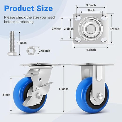 W B D WEIBIDA 5 Inch Heavy Duty Casters Set of 4, Smooth Rolling Caster Design for Cart Wheels, 3500 LBS Industrial Grade Castors with Upgraded Thickened Bracket, Durable Castors (2 Brake & 2 Rigid)