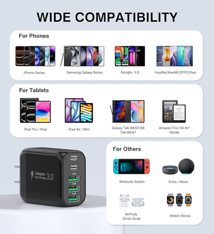 [2-Pack]60W USB C Wall Charger Block, 5-Port C Charger Fast Charging Block PD Power Adapter +QC 3.0 Multiport Type C Box Brick Cube USB A Wall Plug for iPhone 14/15/16/17 Pro Max,Samsung Galaxy(Black)